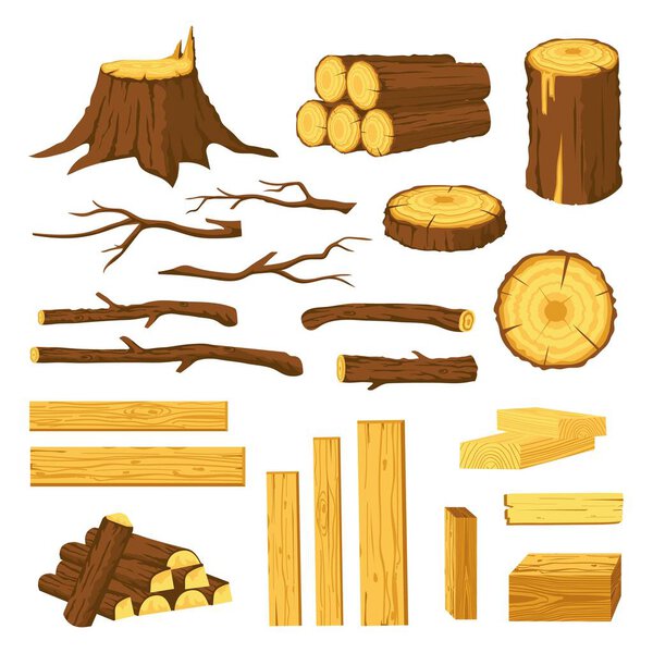 Wood trunks and planks. Raw materials for lumber industry, logs, stumps, tree stubs with bark and wooden bars. Cartoon firewood vector set