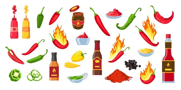 Scharfe Soße. Chili-Ketchupflaschen und -Gläser, Wasabi und Senf. Spritzer Soße, würziger Dip und Cayennepfeffer mit Flammenvektorset — Stockvektor