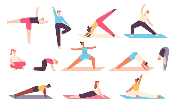Gente de yoga. Los hombres y las mujeres hacen ejercicios de estiramiento para el cuerpo y la mente relajarse. Meditación zen en pose de asana equilibrada. Sano bienestar vector conjunto — Vector de stock