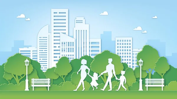 Papírművész család a parkban. Zöld városi környezet fákkal. A szülők és a gyerekek kint sétálnak. Papír vágott tiszta természet táj vektor koncepció — Stock Vector