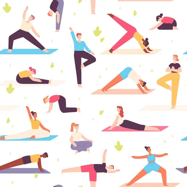 Gente de yoga patrón sin costuras. Hombres y mujeres hacen salud mental y ejercicio físico. Meditación, relajación en la naturaleza, bienestar impresión vectorial — Vector de stock