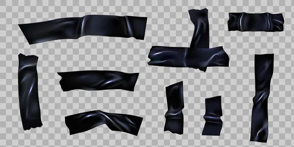 Scotch nero. Nastro adesivo strappato con rughe. Strisce di plastica sellotape croce per fissare. Realistico 3d strappato pezzi appiccicosi vettoriale set — Vettoriale Stock