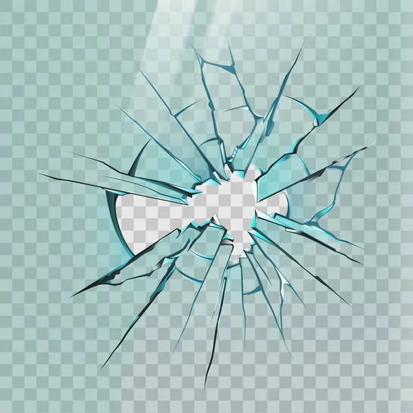 Broken glass. Realistic crack on window, ice or mirror with sharp shards and hole. Smashed screen effect, shattered glass wall vector mockup — Stock Vector