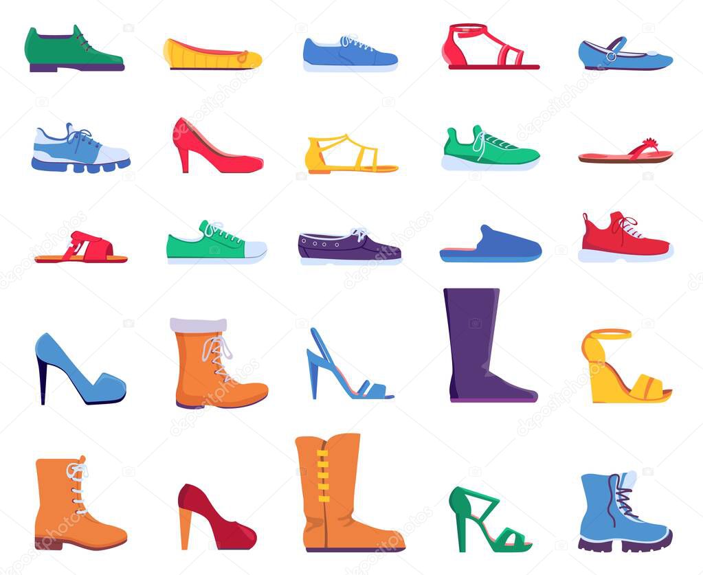 Flat shoes. Fashion footwear for women and men. Sneakers, sandals, ballets and stiletto heel shoe. Trendy cartoon boots designs vector set