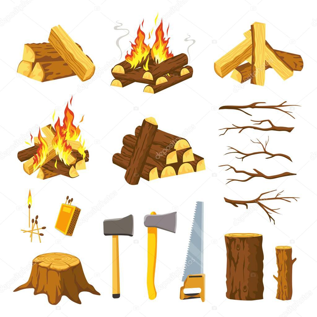 Wood campfire. Tree logs pile, branches, lumberjack ax, saw and matches for make bonfire. Burn firewood stack with flames, timber vector set