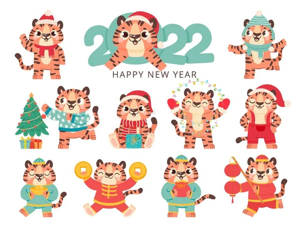 Mignon tigre 2022. Chinois heureux nouvel an symbole tigres en costume traditionnel avec de l'or. Joyeux Noël bébé animal dans santa chapeau vecteur ensemble — Image vectorielle