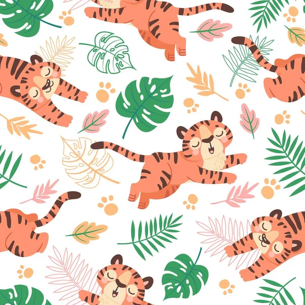 Bezproblémový vzorec tygra. Roztomilí dětští kreslení tygři, otisky tlapek a tropické listy. Džungle zvíře, divoké kočky, děti vektorové tapety — Stockový vektor