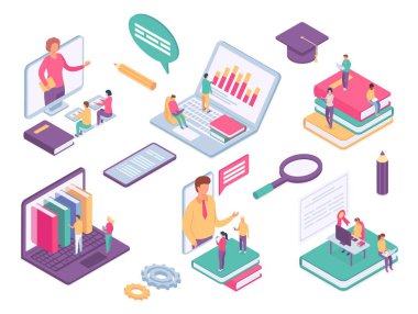Isometric çevrimiçi eğitim. Telefon ekranında öğrencilerin, kitapların ve öğretmenin olduğu sanal sınıf. Evden uzak okul öğrenimi 3d vektör kümesi