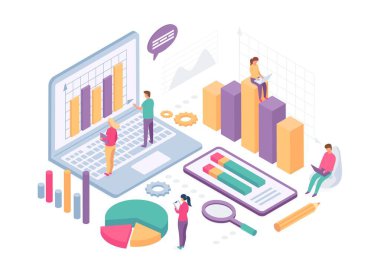 Isometric iş analizi. İnsanlar bilgisayar ekranında veri tabloları, istatistik grafikleri ve metriklerle çalışıyorlar. Mali analitik vektör kavramı