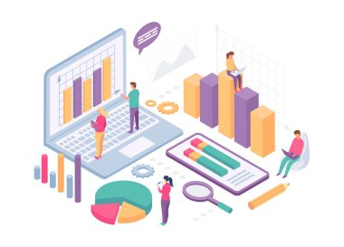 Isometric iş analizi. İnsanlar bilgisayar ekranında veri tabloları, istatistik grafikleri ve metriklerle çalışıyorlar. Mali analitik vektör kavramı