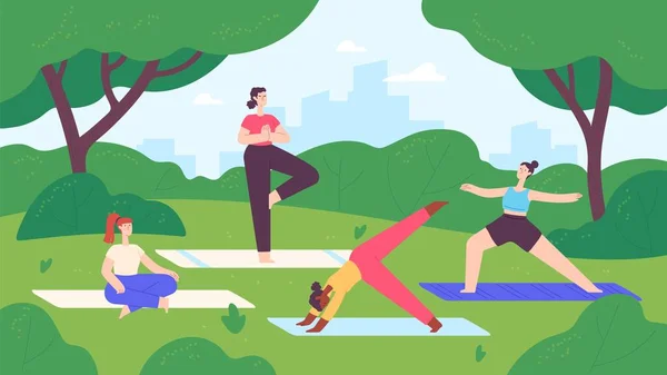 Yoga en el parque de la ciudad. Grupo de mujeres hacen ejercicio y meditación en el paisaje de la naturaleza. Lección de fitness al aire libre, concepto de vector estilo de vida saludable — Vector de stock