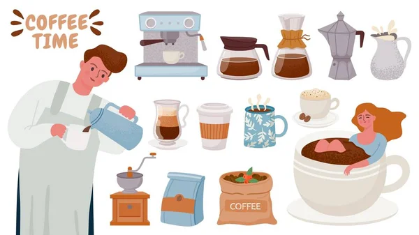バリスタとコーヒーメーカー。カプチーノ、エスプレッソ、クリーム、ホット朝食ドリンク付きのカップを醸造するためのツール。コーヒーマシンとポットベクトルセット — ストックベクタ
