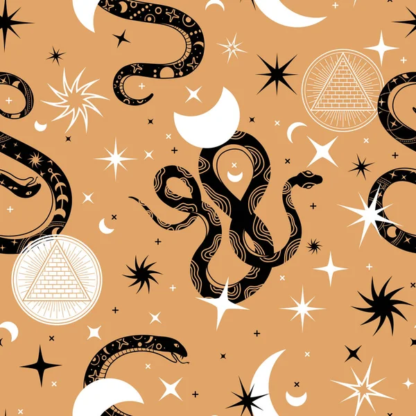 Mystische Schlangen nahtloses Muster. Print mit Schlangensilhouetten und astrologischen Symbolen. Magische Verzierungen mit Sternen, Mond und Schlangen Vektor-Design — Stockvektor