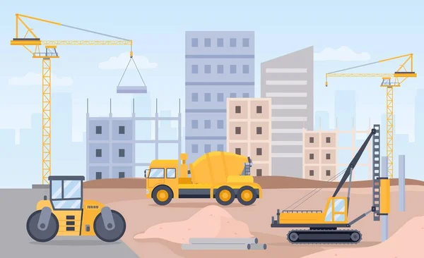 İnşaat alanı. Vinç, buldozer, kazıcı ve beton karıştırıcı ile inşa etme sürecinin manzarası. Şehir düz vektör kavramı oluştur — Stok Vektör