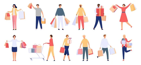 Compras. Consumidores masculinos e femininos com sacos de compras, caixas de presente e carrinhos. Personagens de clientes felizes com compra, conjunto de vetores de desenhos animados —  Vetores de Stock