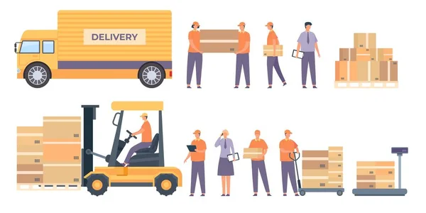 Trabajadores de almacén y equipo. Repartidor plano con parcelas, camión, paleta con cajas y trabajador de servicio. Conjunto vectorial industria logística — Vector de stock