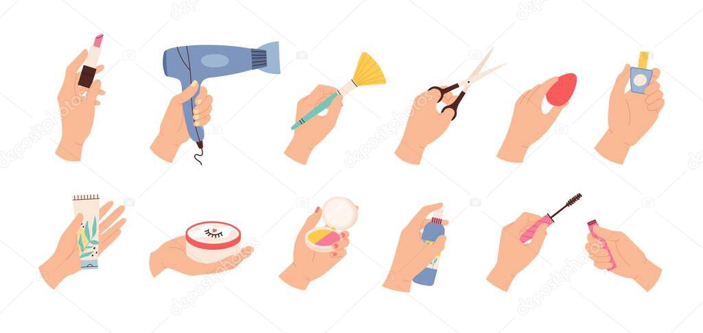 Hands hold cosmetic. Female hairdresser and stylist hand with scissors, hair dryer and beauty products, nail polish and creams, vector set