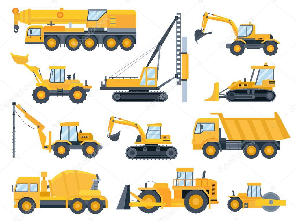 Construction machines. Heavy machinery for build, excavator, bulldozer, truck, tractor and crane vehicle. Building equipment flat vector set