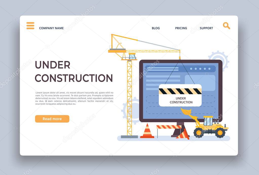Website under construction. Landing page of developing site with crane, bulldozer and barrier. Webpage building work process vector template
