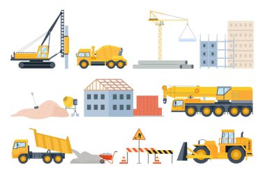 İnşaat alanı elemanları. Malzeme yığınları, kum ve borular, tuğla yapı ve makineler. Çimento karıştırıcı kamyon, buldozer ve vinç vektörü ayarlandı