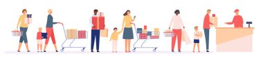 Dükkanda sıra olun. Müşterilerin kasiyerlik kuyruğunda olduğu bir süpermarket. Alışveriş çantası ve kutuları olan insanlar. Alışveriş merkezi vektör kavramında indirim