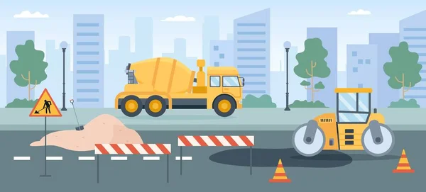 Road works. Pavement repair with asphalt roller, concrete mixer and street barriers. City roads maintenance service machines vector concept — Stock Vector