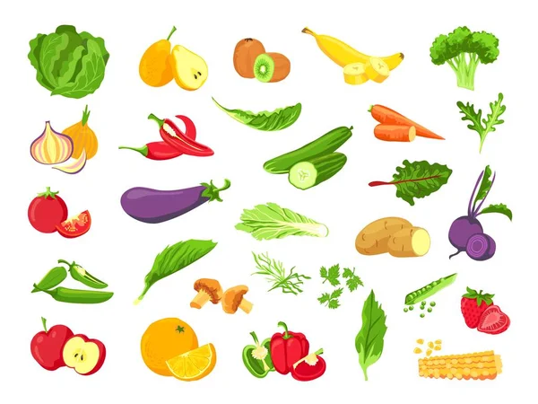 Zelenina a ovoce. Čerstvé vegetariánské bio potraviny, zelenina, salát, zelené, tropické ovoce a bobule. Zdravé veganské farmářské produkty vektorová sada — Stockový vektor