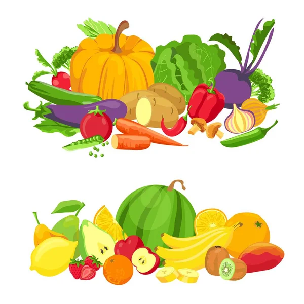 Овощи и фрукты группы. Органические свежие продукты. Натуральные сельскохозяйственные зеленые продукты. Мультфильм тропические фрукты для сока. Концепция вектора здорового питания — стоковый вектор
