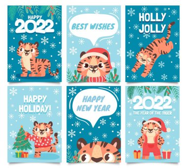 New year 2022 cards. Merry christmas poster with cartoon tiger decorate tree. Baby tigers in santa hat. Happy holidays greeting vector set