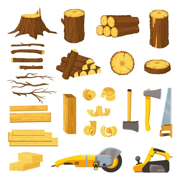 Lumber industry materials and tools. Wood planks, logs, board and tree chips. Axe, chisel, saw, grinder and belt sander. Woodwork vector set —  Vetores de Stock