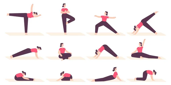 La mujer en yoga posa. Personaje de dibujos animados femeninos hacer ejercicios de estiramiento de fitness, pilates y relajarse en la posición asana. Salud estilo de vida vector conjunto — Vector de stock