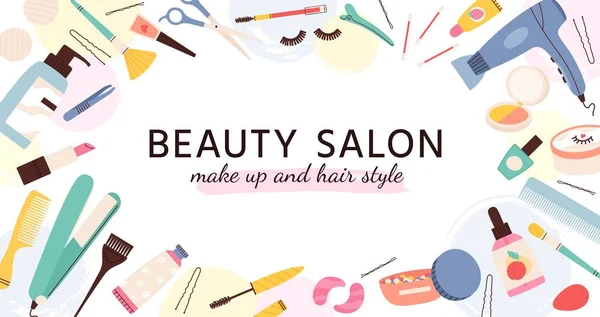 Beauty salon banner. Poster for hairdresser, makeup artist and nail salons with cosmetics and skin care products, fashion vector template — Stock vektor