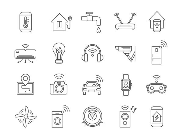 Iot line icons. Internet of things wireless technology, house appliances, car, gadgets and devices. Smart home automation systems vector set —  Vetores de Stock