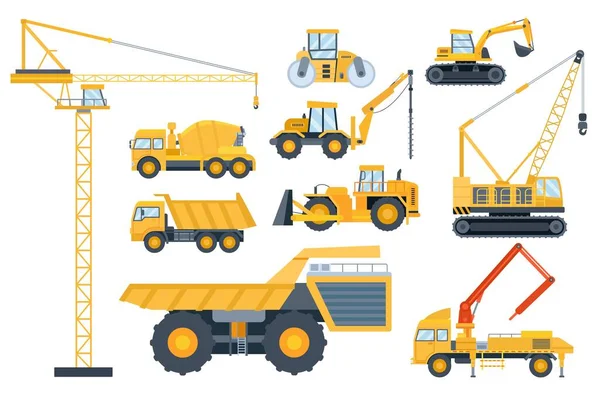 Construction heavy equipment. Crane and building machinery, road roller, excavator, tractor, cement mixer truck and drill machine vector set — Vetor de Stock