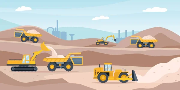 Quarry landscape. Sand pit with heavy mining equipment, bulldozer, digger, trucks, excavator and factory. Open mine industry vector concept — Stock Vector