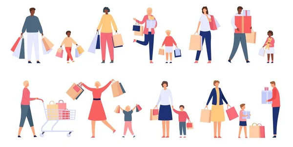 Shopping families. Man, woman and kids with store cart, bags and boxes. Shopper characters on holiday sale. Flat consumers people vector set — Stok Vektör