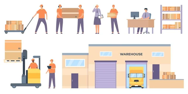 Logistics workers. Merchandise warehouse building and truck, shelves with parcels, couriers, forklifts lift boxes. Flat delivery vector set — Wektor stockowy