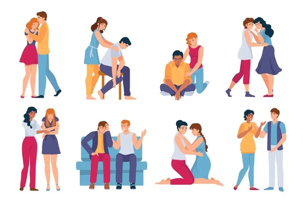 Friends comforting. Mental support for stressed, sad and depressed people. Family hug, care and comfort. Woman and man in sorrow vector set — Stock vektor