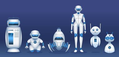 Robot karakterler. Karikatürist robotlar, androidler, cyborglar ve robotlar. Bilişim teknolojisi maskotları, eğlenceli dijital ai asistanları vektörü seti