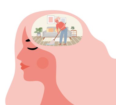Kadın zihni temizler. Kafanın içindeki odada zihin temizliği. Sağlık ve refah yaşam tarzı. Kişisel gelişim ve kişisel büyüme vektörü kavramı