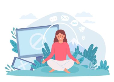 Dijital detoks. Lotuslu kadın meditasyon yapıyor ve internet, telefon ve sosyal ağlara ara veriyor. Çevrimdışı yaşam vektörü kavramını kes