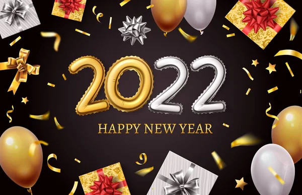 Feliz año 2022. Banner con números realistas de globos dorados, cajas de regalo, arcos dorados y confeti. Vacaciones felicitaciones tarjeta vector de diseño — Archivo Imágenes Vectoriales