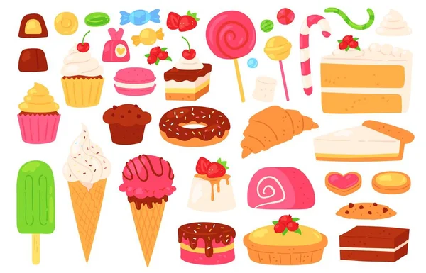 Rajzfilm cukorka és édesség. Süti, jégkrém, nyalókák, csokoládé és lekváros cukorkák, keksz sütemények és sütemények. Cukrászati vektorkészlet — Stock Vector