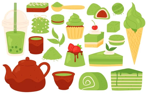 Té Matcha y dulces. Productos japoneses matcha verde, polvo, hojas, tetera y tazas, té de burbujas. Pastelería saludable y postres vector conjunto — Archivo Imágenes Vectoriales
