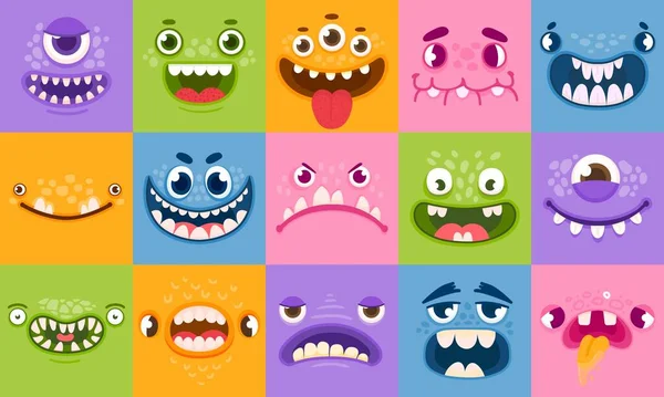 Monstergezichten. Grappige cartoon monsters hoofden, ogen en monden. Enge karakters voor kinderen. Halloween monsters of aliens emoties vector set — Stockvector