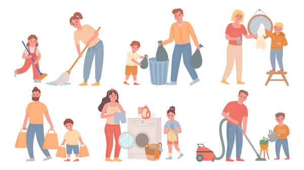 Kinderen en ouders schoonmaken. Kinderen helpen volwassenen met huishoudelijk werk, vegen, wassen, vuilnis weggooien. Cartoon familie klusjes vector set — Stockvector