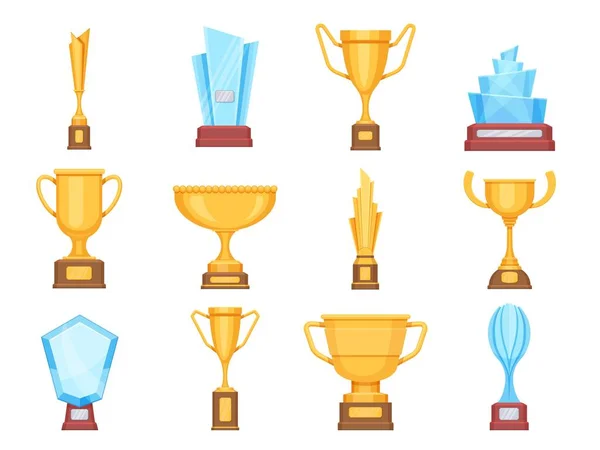 Copas de trofeo de oro. Trofeos de vidrio y oro para deportes o competición. Recompensas de campeonato de cristal y premios ganadores conjunto de vectores planos — Vector de stock