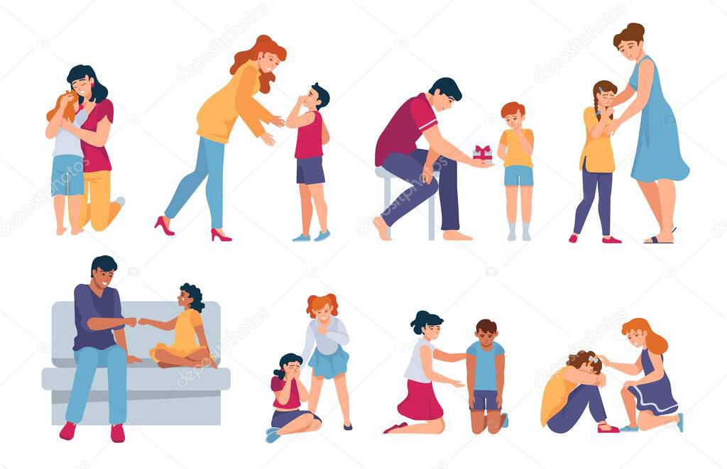 Family support. Parents and friends comforting and hugging crying kids. Adults console sad children. Sympathy for people in grief vector set