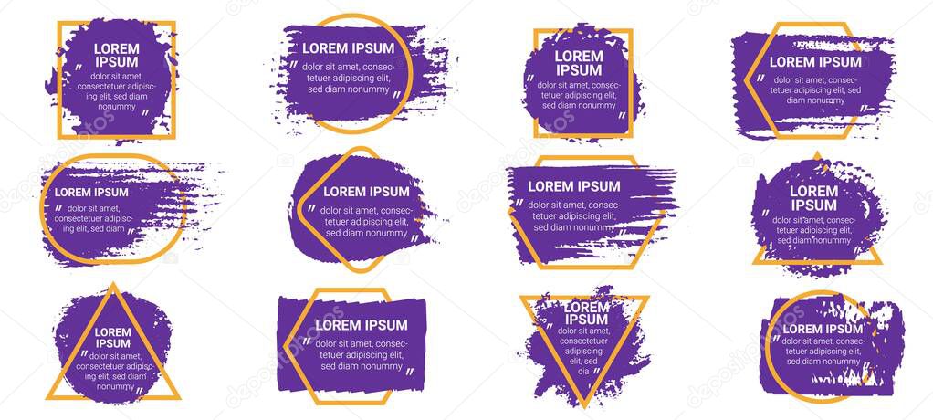 Brush quote boxes. Grunge dirty strokes and ink splashes in geometric frames with text and titles. Quotes in round speech border vector set