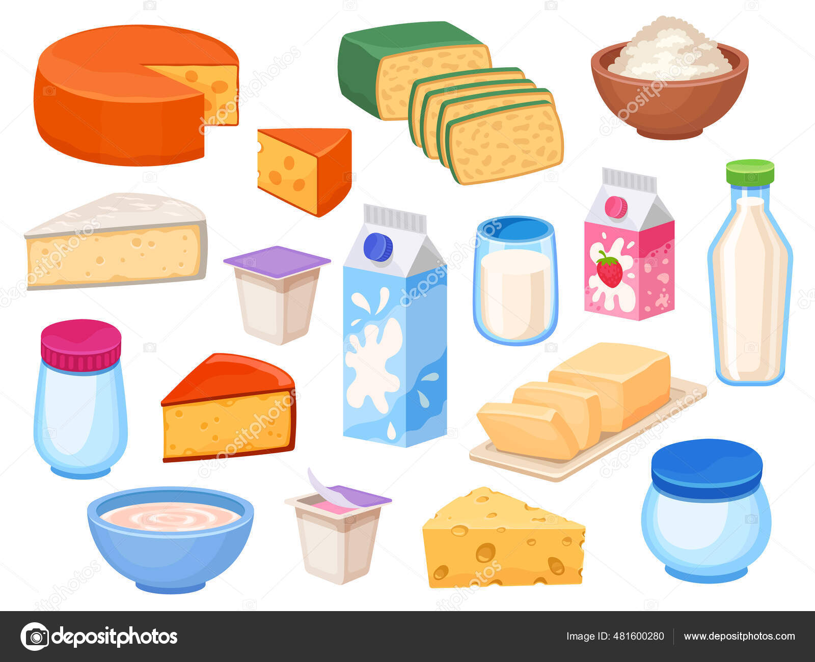 Dairy products. Cheese slices, milk in bottle, box and glass, yoghurt